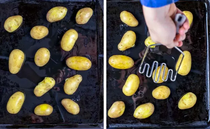 Potatoes are distributed on a baking sheet, prepared with olive oil.