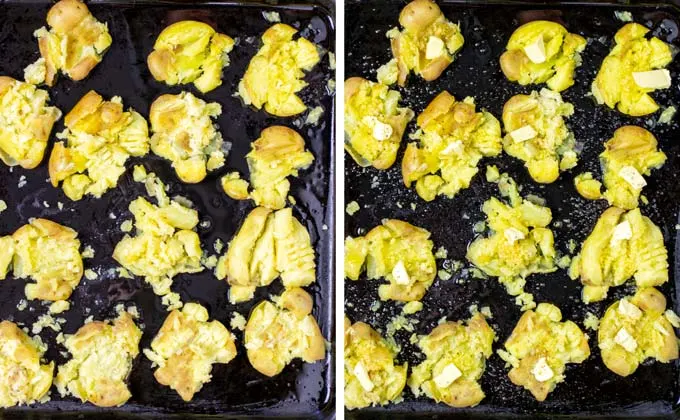 Showing smashed potatoes on baking sheet, seasoned with olive oil and garlic, as well as a pinch of butter.