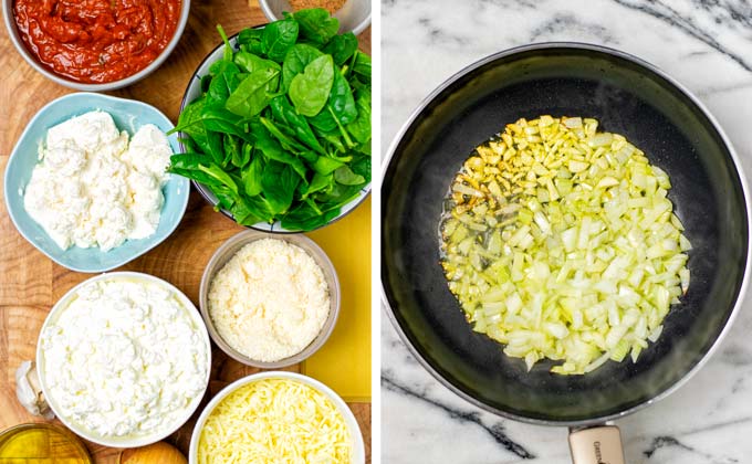 Ingredients for the Spinach Lasagna assembled on a wooden board.