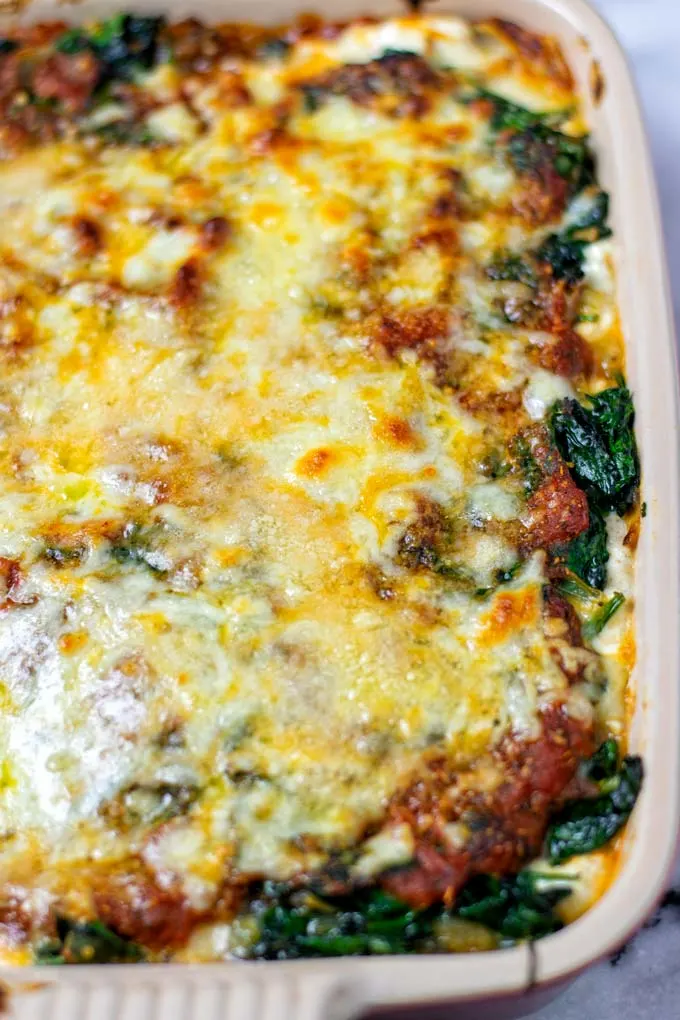 Closeup on the cheese crust of the Spinach Lasagna.