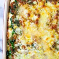 A full casserole dish with the oven baked Spinach Lasagna.