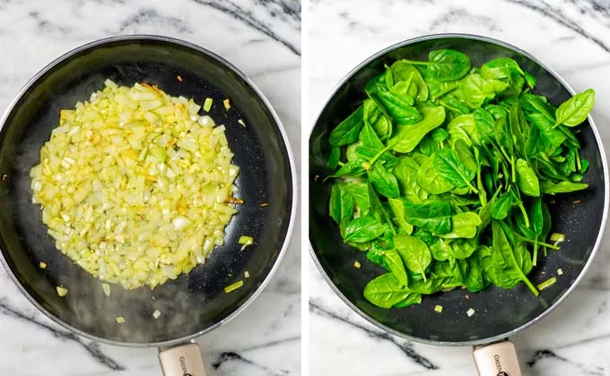 Diced onions, garlic, and fresh spinach are sauteed in a large saucepan.