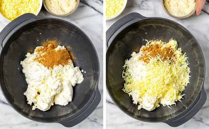 Mixing in spices, vegan parm and mozzarella into the cottage cheese.