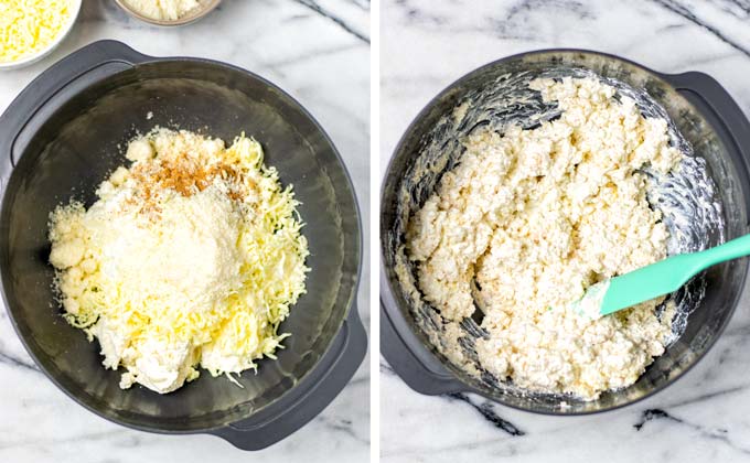 Showing the mixing of the vegan cheeses for the filling.