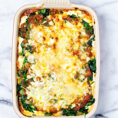 View on the casserole dish with the Spinach Lasagna after baking.