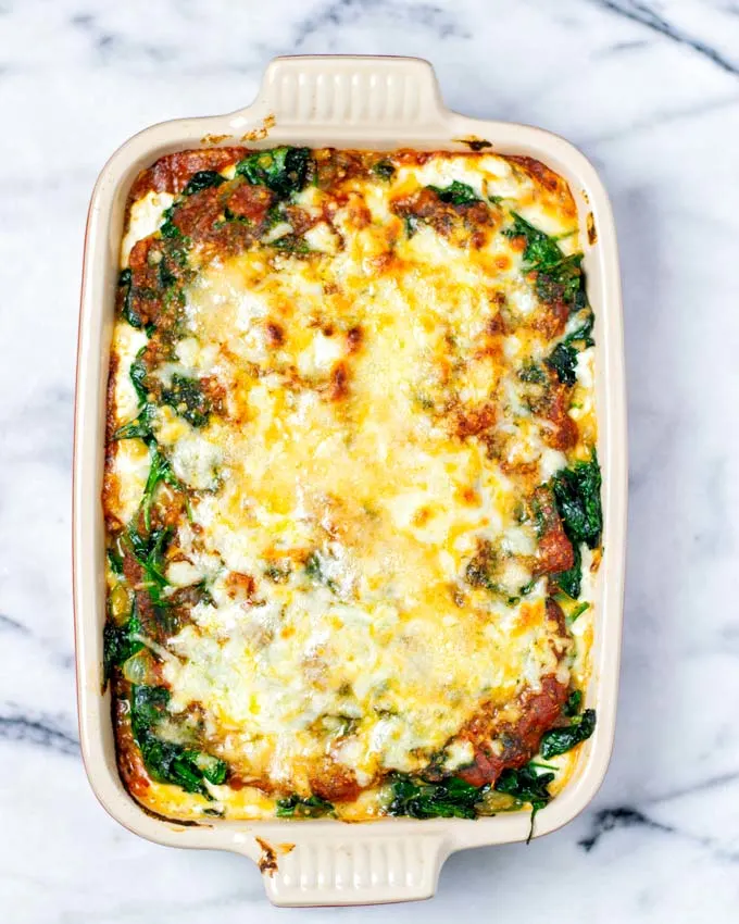 View on the casserole dish with the Spinach Lasagna after baking. 