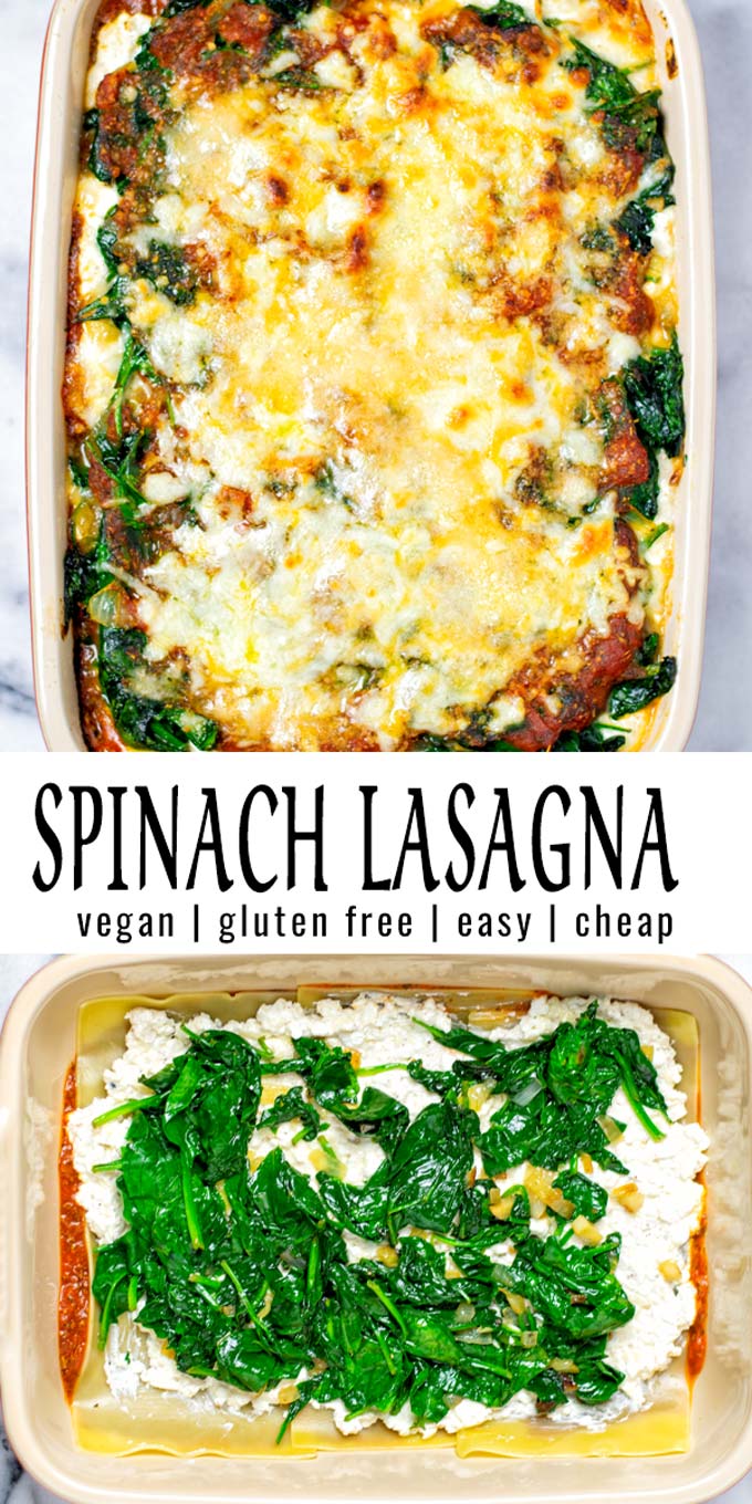Collage of two pictures of the Spinach Lasagna with recipe title text.