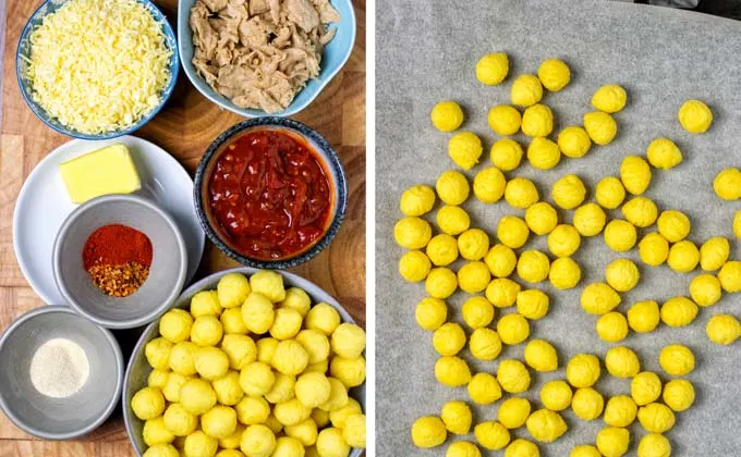 Ingredients for this Totchos recipe assembled on a wooden board.