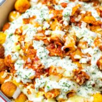 Closeup of the Totchos in the casserole dish.