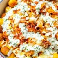 Closeup of the Totchos in the casserole dish.