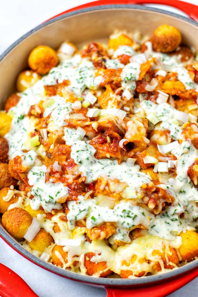 Closeup of the Totchos in the casserole dish.