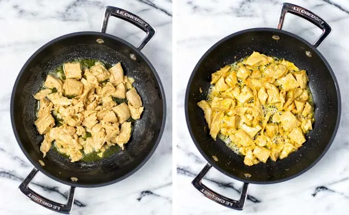 Vegan chicken strips are prefried in a small frying pan until slightly golden.