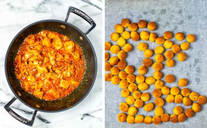 Showing the prepared spicy chicken in the frying pan, and the toasted tater tots.