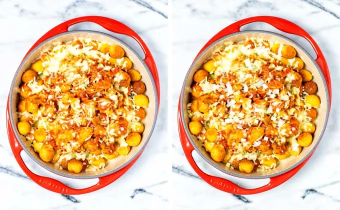 The casserole dish with the Totchos before and after baking.