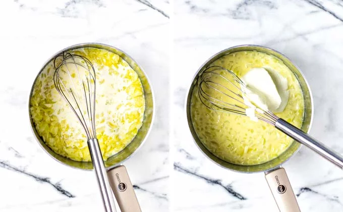 Whisking flour and plant milk into the onion mixture in a saucepan.