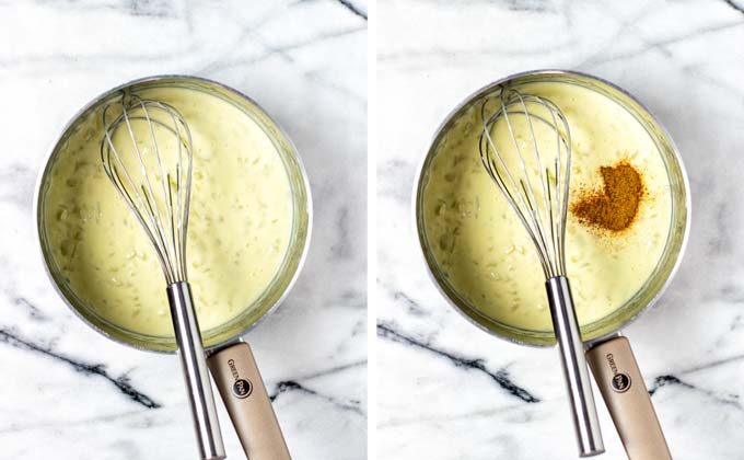 Showing how spices like nutmeg are added to the white sauce in a saucepan.