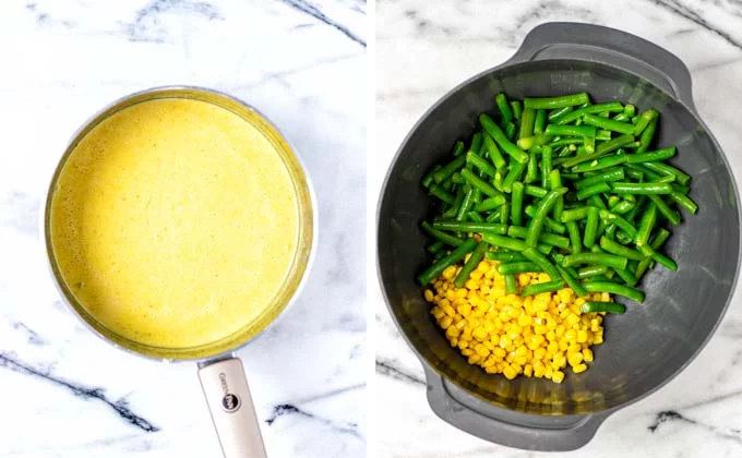 Green beans and corn are shown in a large mixing bowl.