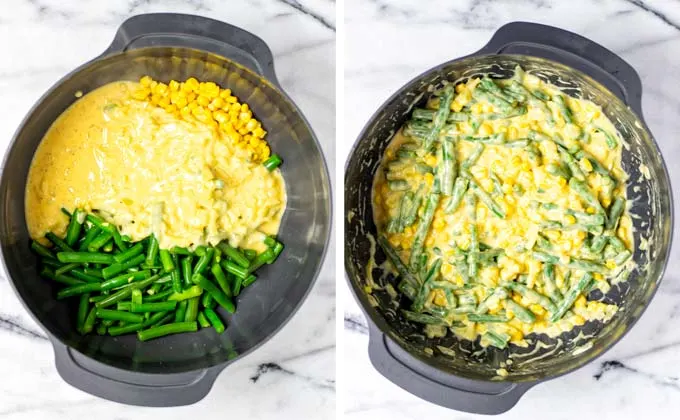 Cheesy white sauce is given over the vegetables in a large mixing bowl.