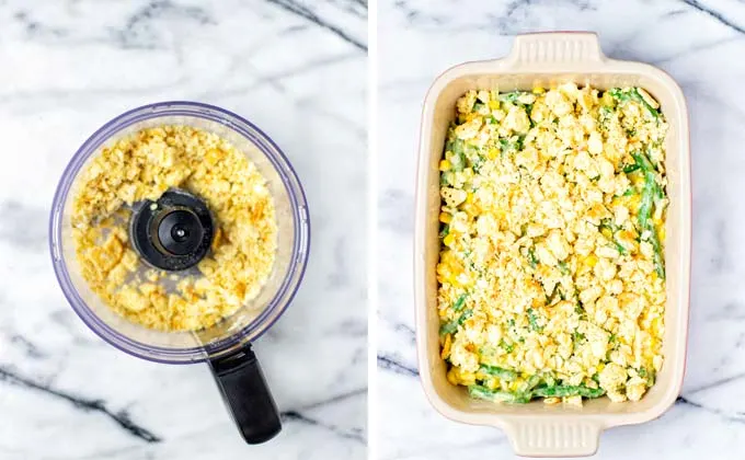 Crunchy topping ingredients are given into the bowl of a food processor and after pulsing given over the casserole.