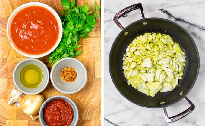 Ingredients for the Arrabbiata Sauce assembled on a wooden board.