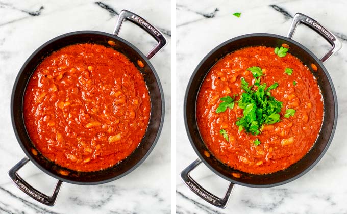 View on the mixed Arrabbiata Sauce with fresh parsley given on top.