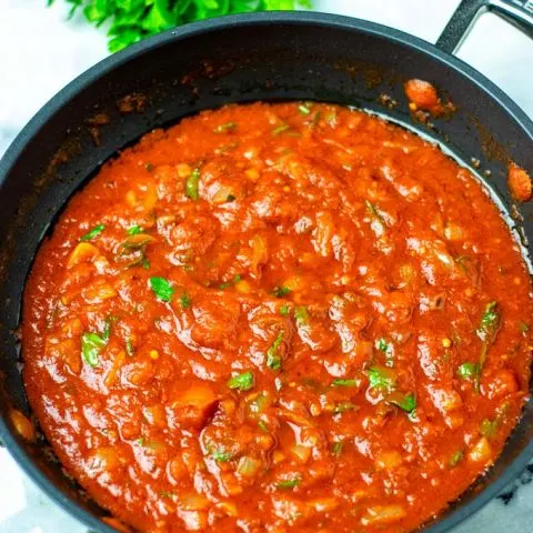 Arrabbiata Sauce in the frying pan.