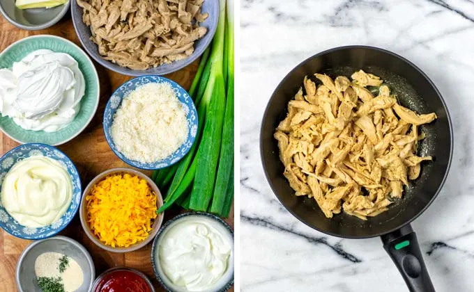 Ingredients for the Buffalo Dip assembled on a wooden board.