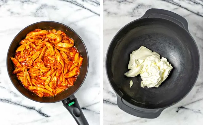 Showing the ready Buffalo Chicken in the frying pan and the cream cheese in a large grey mixing bowl.