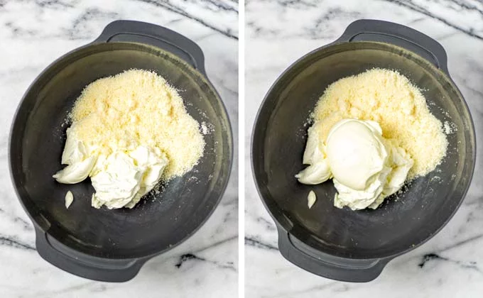 Large mixing bowl with additional ingredients (vegan cheese, mayo) being mixed with the cream cheese.