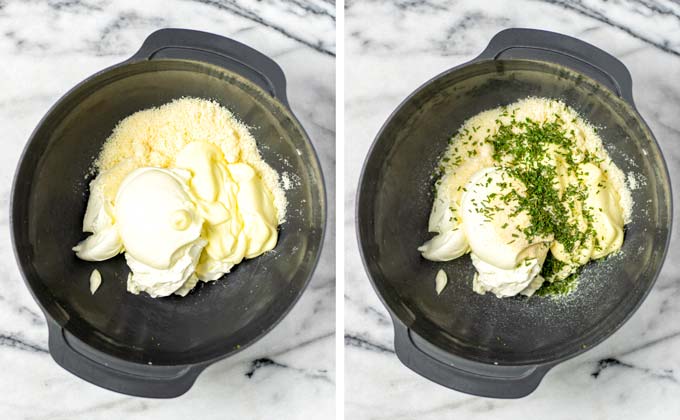 Final ingredients and herb mixture is added to the mixing bowl.