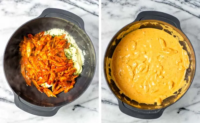 Prepared vegan Buffalo Chicken is added to the mixing bowl with the creamy ingredients and then mixed.