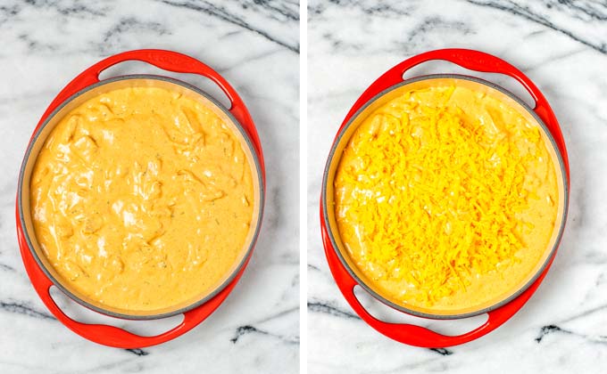 Vegan Buffalo Dip is transferred to a large casserole dish and covered with vegan cheddar cheese.