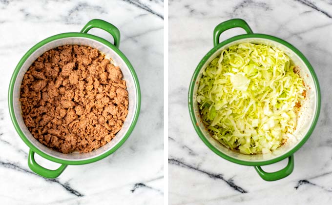 Vegan beef is fried in a large pot, then removed, and cabbage added.