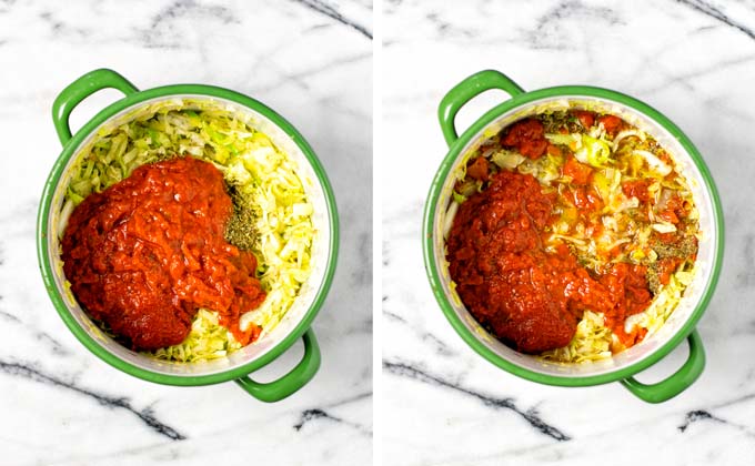 Adding the tomato sauce to the Cabbage Roll Soup.