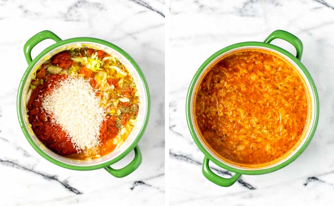 Finally rice is given to the large pot with the cabbage and vegetable broth. 