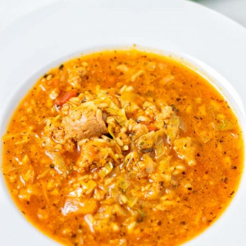 Closeup view on a plate with the Cabbage Roll Soup.