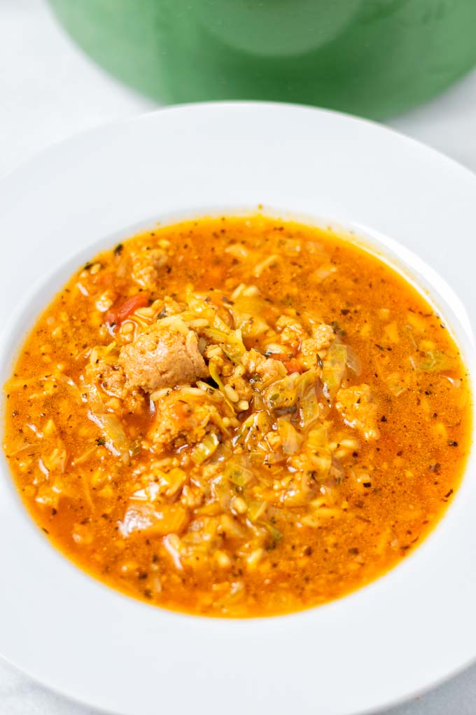 Closeup view on a plate with the Cabbage Roll Soup.