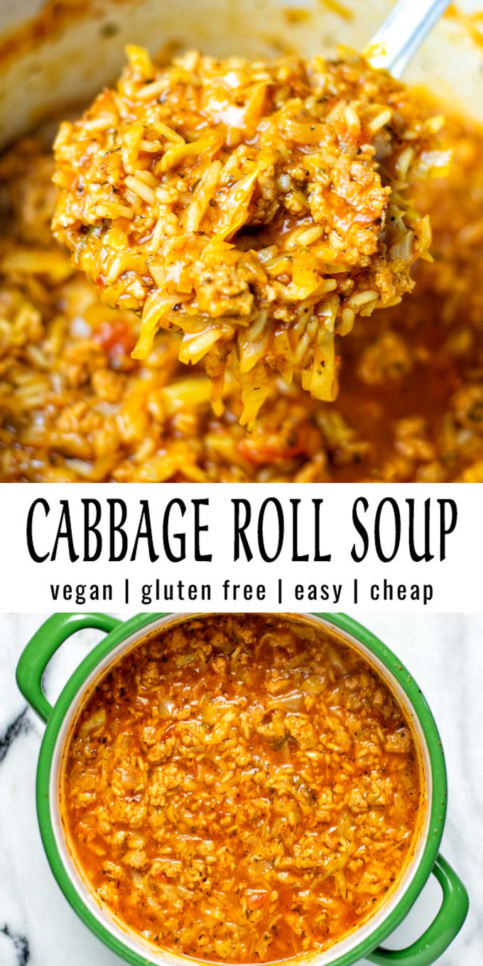 Collage of two pictures of the Cabbage Roll Soup with recipe title text.