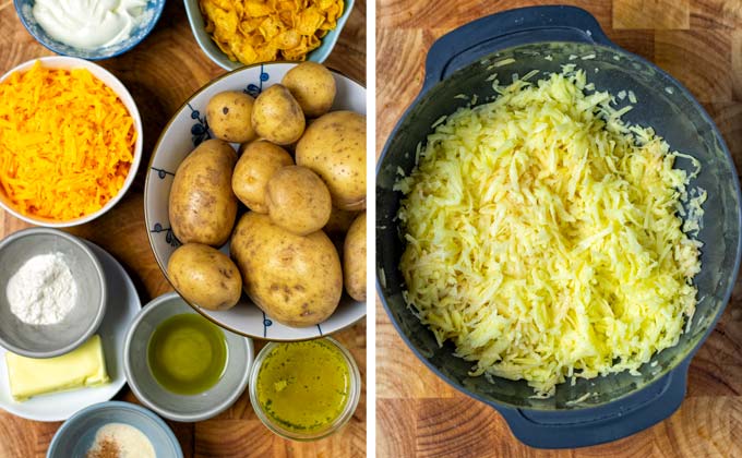 Ingredients for these Funeral Potatoes collected on a wooden board.