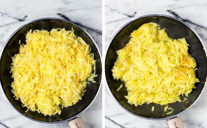 Shredded potatoes are prefried in a medium size frying pan.