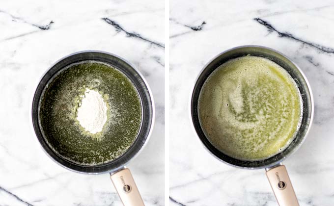 Mixing flour in melted butter to make the creamy white sauce.