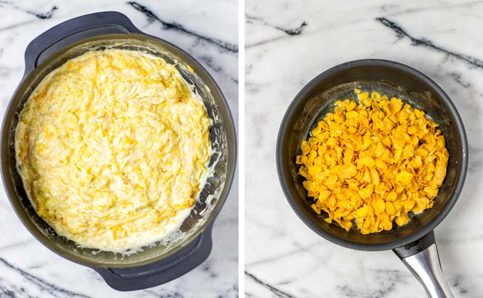 Showing the potato mox in the large bowl after all ingredients are well combined. Corn flakes are toasted in butter.