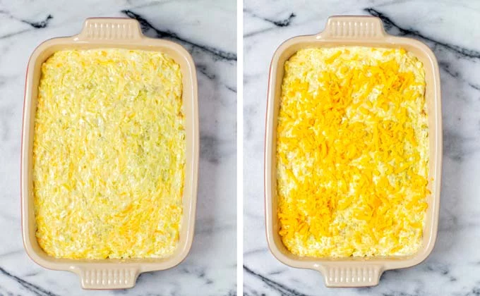 Potato mixture is transferred to a casserole dish and topped with more vegan cheese shreds.