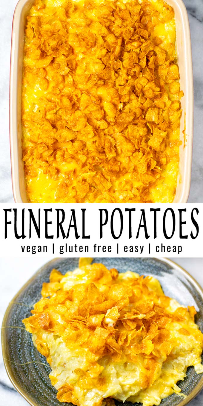Collage of two pictures of the Funeral Potatoes with recipe title text.