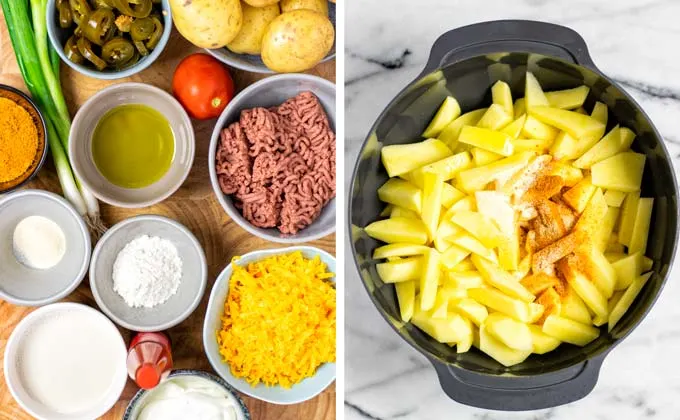 Ingredients for these Nacho Fries assembled on a wooden board.