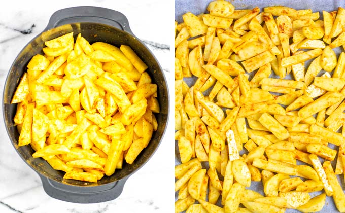 Showing fries mixed with spices in a mixing bowl and spread on a baking sheet.
