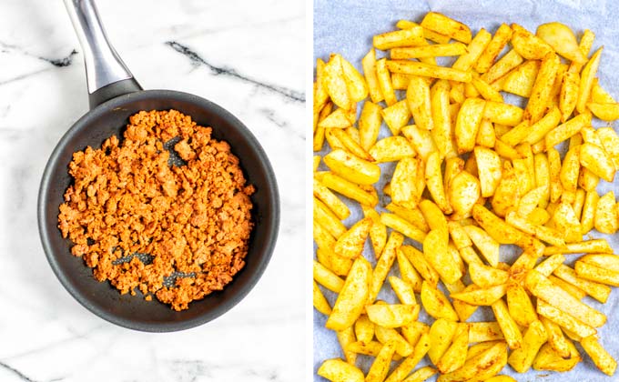 Ready taco meat in a frying pan and the fries ready from the oven.