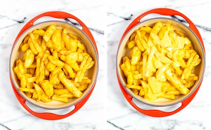 Assembling the Nacho Fries in a round casserole dish, starting with the fries and adding the Nacho sauce on top.