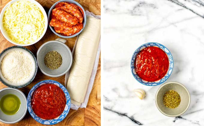 Ingredients of this Stromboli assembled on a wooden board.