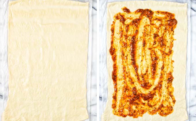 Prepared pizza dough is spread out on a baking dish, then the tomato sauce is spread over it.